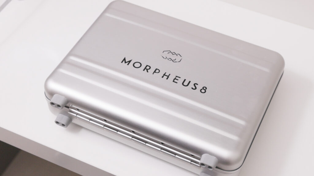 A silver case, kind of like a 007 brief case, that says Morpheus8 on the across the middle. This device is used to treat Sun Damage in Pembroke Pines.